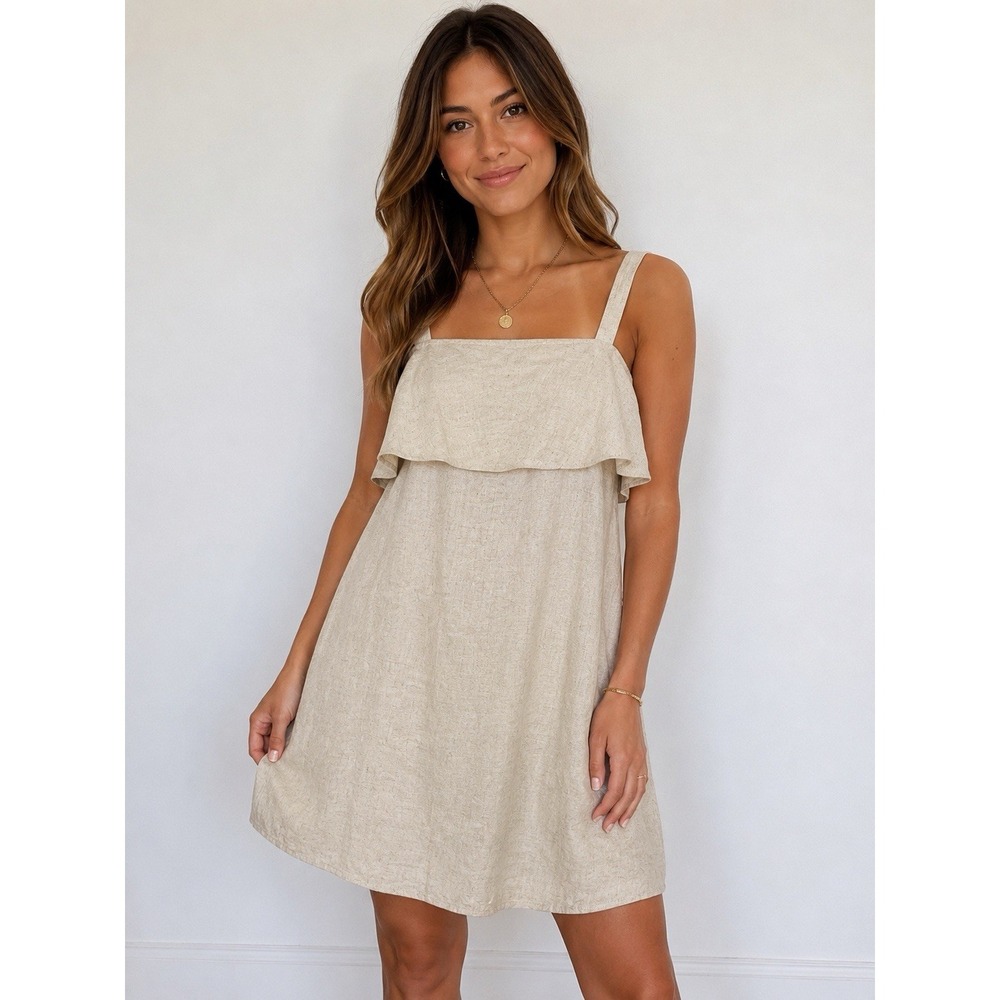 Banana Republic Linen Blend Mini Dress Beige Ruffle Sleeveless Size 6 EUC